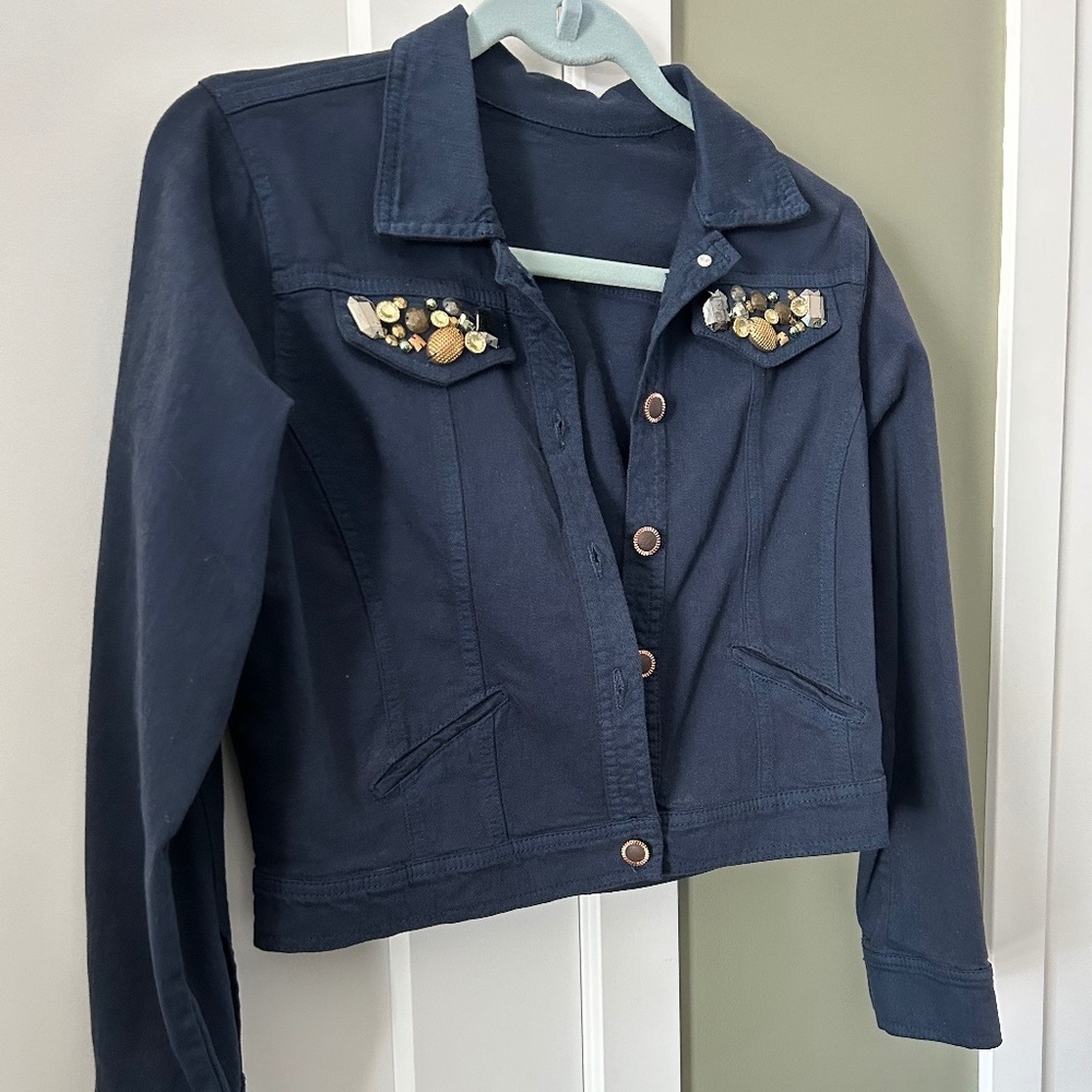 Bomber Jacket Navy Blue with Embellished pocket flaps - Picture 5 of 11